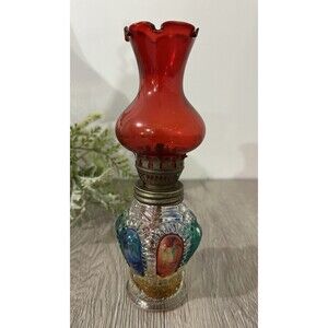 Vintage Mini Oil Lamp Red Shade Multi Color Glass Base